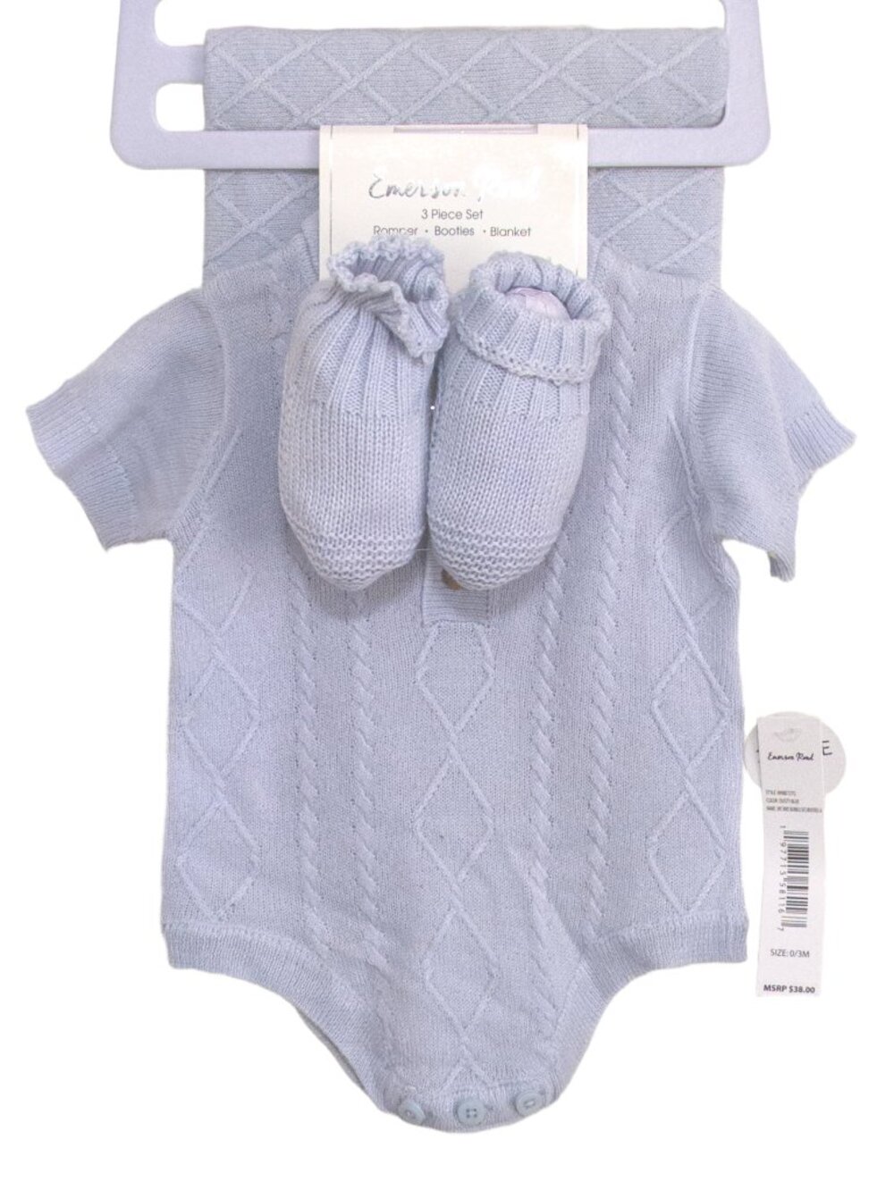 Emerson Road 0/3 Month Dusty Blue Baby Boy Onesie 3 Piece Set Knit NWT Blanket